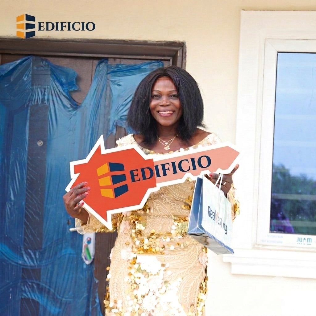 Edificio — happy homeowner holding landlord key